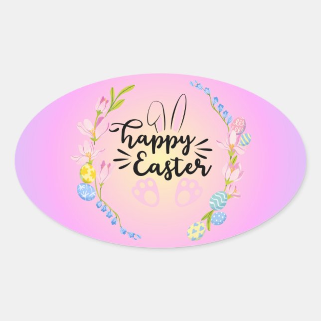 Happy Easter Bunny Outline Pretty Pastel Oval Sticker (Front)