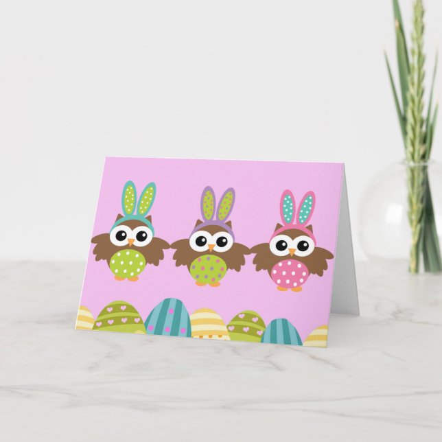 Happy Easter Bunny Owls Holiday Card (Front)