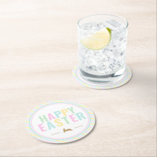 Happy Easter Bunny Pastel Stripe Round Paper Coaster