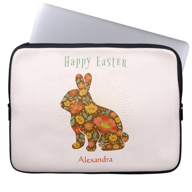 Happy Easter Bunny Personalized Gold Pink Brown Laptop Sleeve (Front)