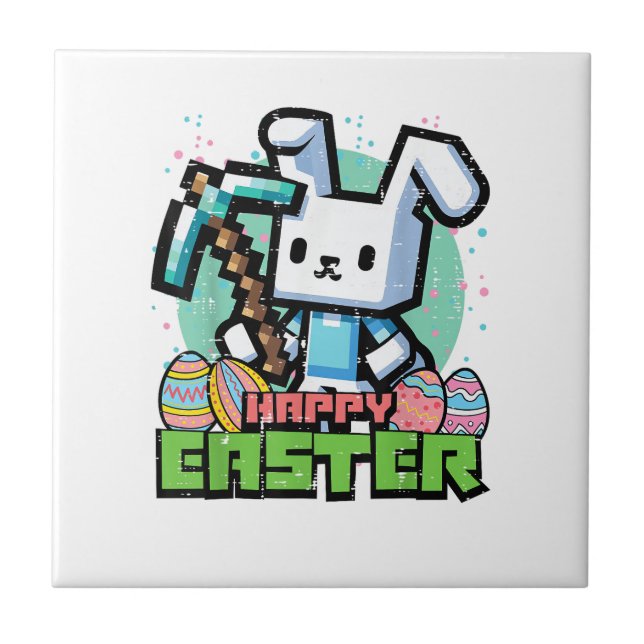 Happy Easter Bunny Pixel Game Gaming Gamer Boys Ki Ceramic Tile (Front)