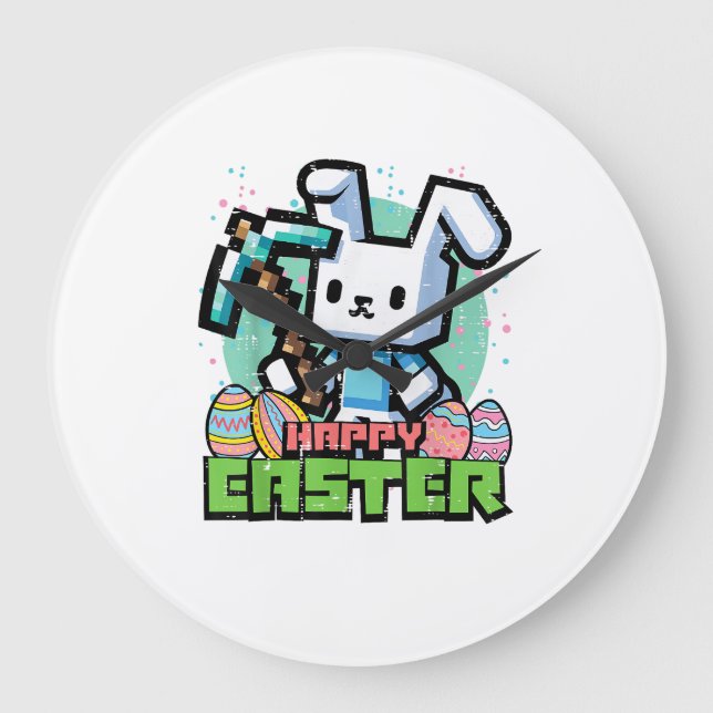 Happy Easter Bunny Pixel Game Gaming Gamer Boys Ki Large Clock (Front)