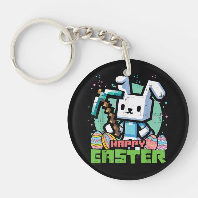 Happy Easter Bunny Pixel Game  Keychain (Front)