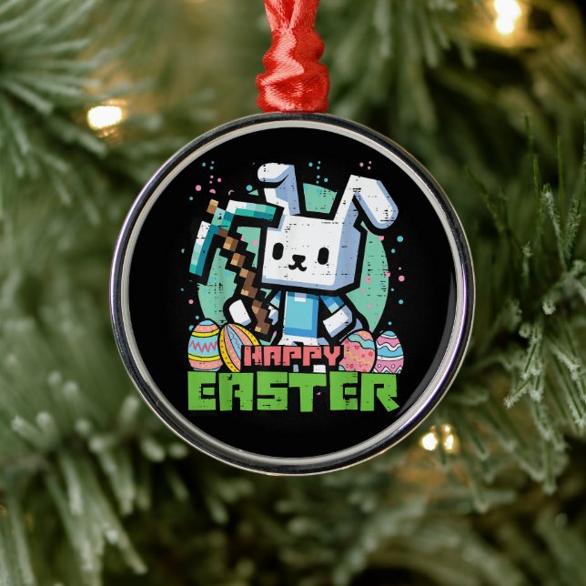 Happy Easter Bunny Pixel Game  Metal Ornament (Tree)