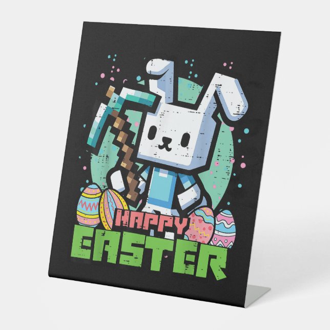 Happy Easter Bunny Pixel Game  Pedestal Sign (Front)