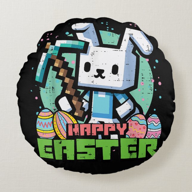 Happy Easter Bunny Pixel Game  Round Pillow (Front)