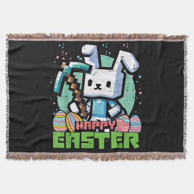 Happy Easter Bunny Pixel Game  Throw Blanket (Front)