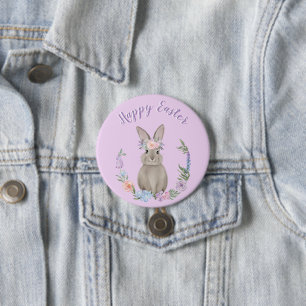 Happy Easter Bunny Rabbit and Flowers Button