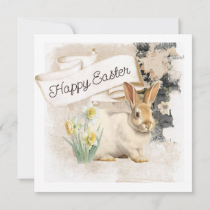 Happy Easter Bunny Rabbit Daffodil Vintage Collage Holiday Card