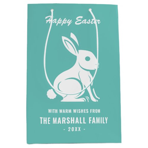 Happy Easter Bunny Rabbit Family Name Teal White Medium Gift Bag