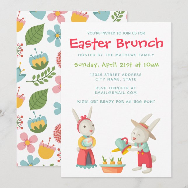 Happy Easter Bunny Rabbit Floral Brunch Invite (Front/Back)