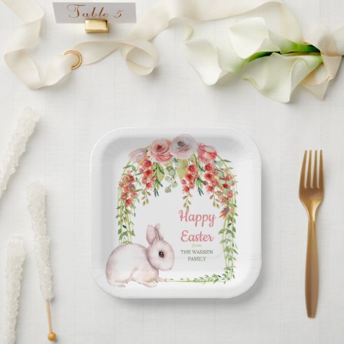 Happy Easter Bunny Rabbit Floral Frame Paper Plates