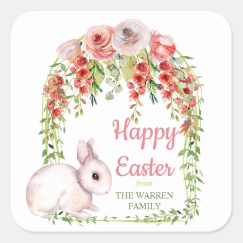 Happy Easter Bunny Rabbit Floral Frame Square Sticker