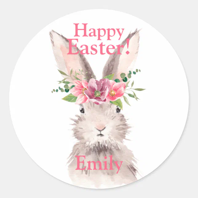 Happy easter Bunny rabbit flower pastel pink Classic Round Sticker | Zazzle