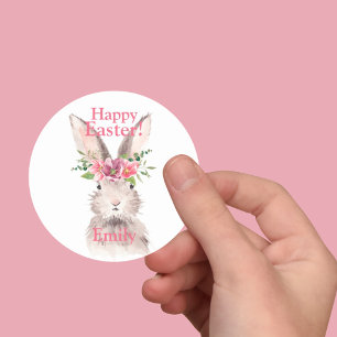 Happy easter Bunny rabbit flower pastel pink Classic Round Sticker