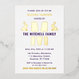Happy Easter Bunny Rabbit Fun Monogram Family Name Foil Invitation