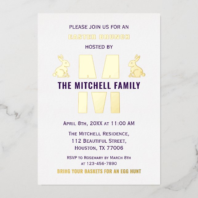 Happy Easter Bunny Rabbit Fun Monogram Family Name Foil Invitation (Front)