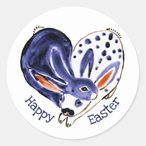 Happy Easter Bunny Rabbit Heart Love Blue Cute Classic Round Sticker