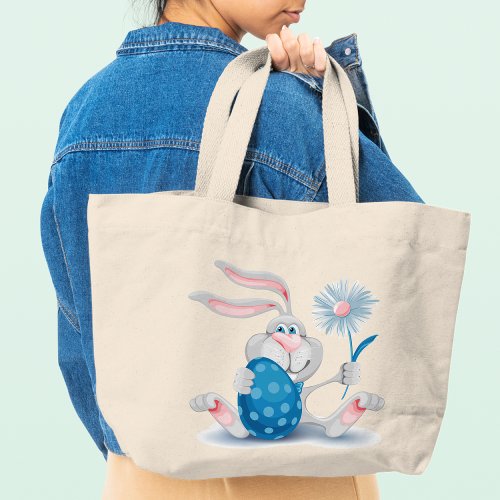 Happy Easter Bunny Rabbit Holding Flower And Egg Large Tote Bag