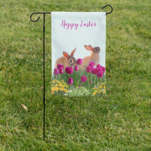 Happy Easter Bunny Rabbit in Tulip Garden Flag