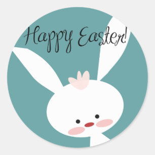 Happy Easter bunny rabbit on blue teal background Classic Round Sticker