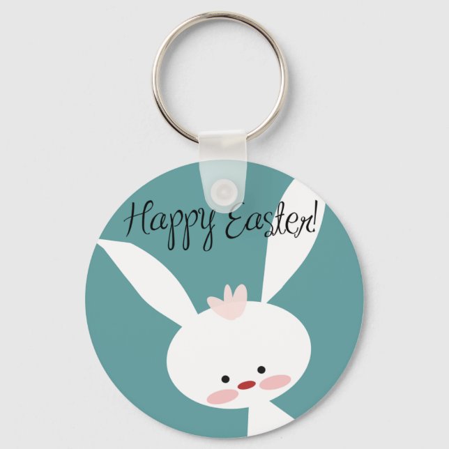 Happy Easter bunny rabbit on blue teal background Keychain (Front)