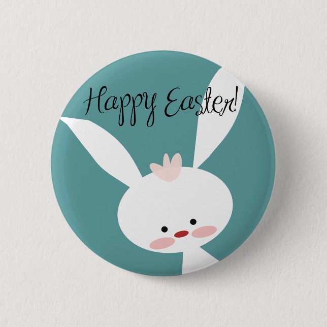 Happy Easter bunny rabbit on blue teal background Pinback Button (Front)