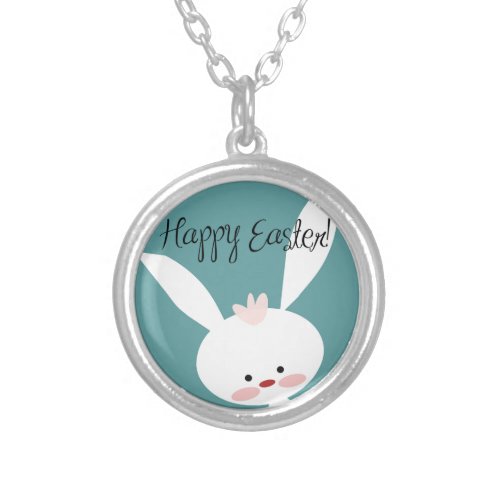Happy Easter bunny rabbit on blue teal background Silver Plated Necklace