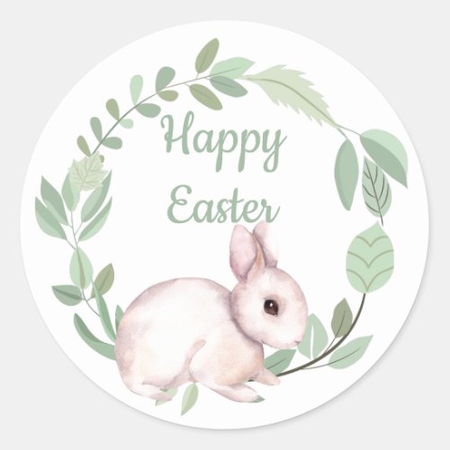 Happy Easter Bunny Rabbit Sage Floral Wreath  Classic Round Sticker