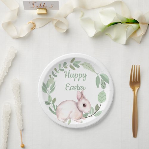 Happy Easter Bunny Rabbit Sage Floral Wreath Paper Plates