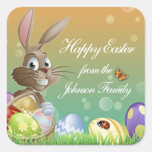 Happy Easter Bunny Rabbit with Basket Square Sticker