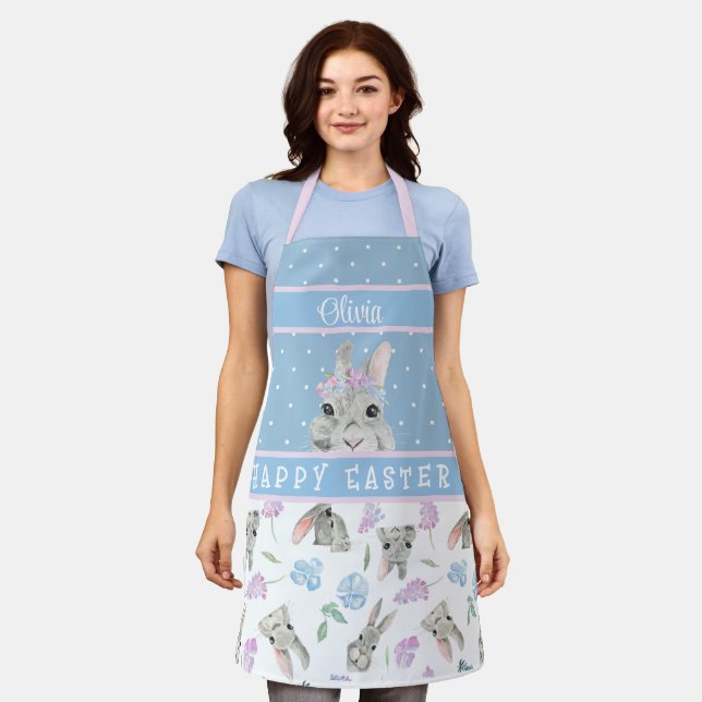 Happy Easter Bunny Rabbits and Blue Polka Dots Apron (Worn)