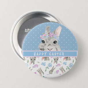 Happy Easter Bunny Rabbits and Blue Polka Dots Button