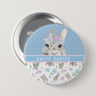 Happy Easter Bunny Rabbits and Blue Polka Dots Button