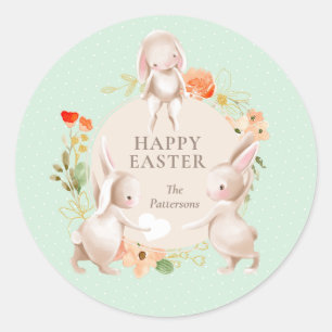 Happy Easter Bunny Rabbits Floral Personalized Classic Round Sticker
