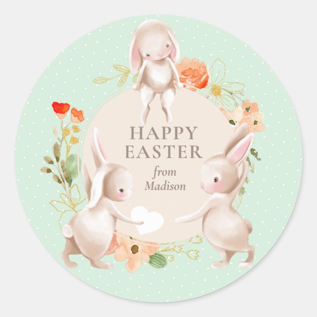 Happy Easter Bunny Rabbits Floral Personalized Classic Round Sticker (Front)