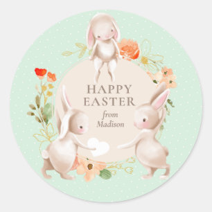 Happy Easter Bunny Rabbits Floral Personalized Classic Round Sticker