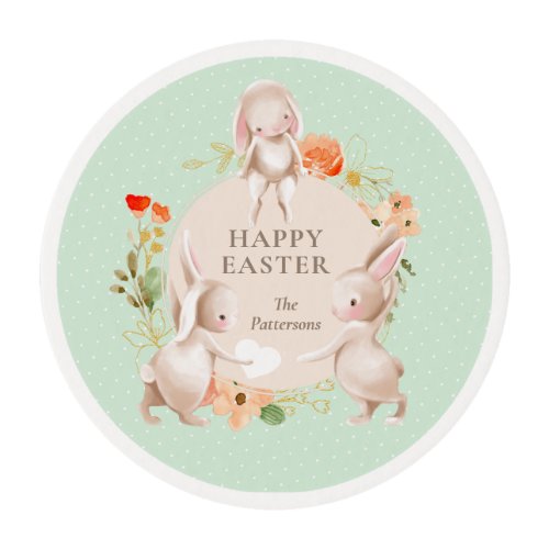 Happy Easter Bunny Rabbits Floral Personalized Edible Frosting Rounds