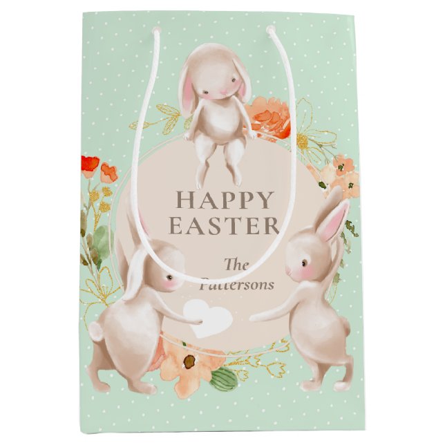 Happy Easter Bunny Rabbits Floral Personalized Medium Gift Bag (Front)