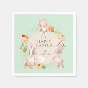 Happy Easter Bunny Rabbits Floral Personalized Napkins