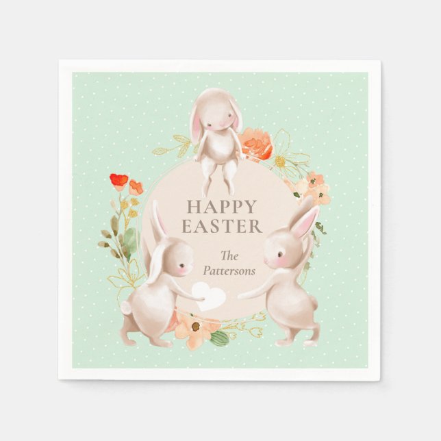 Happy Easter Bunny Rabbits Floral Personalized Napkins (Front)