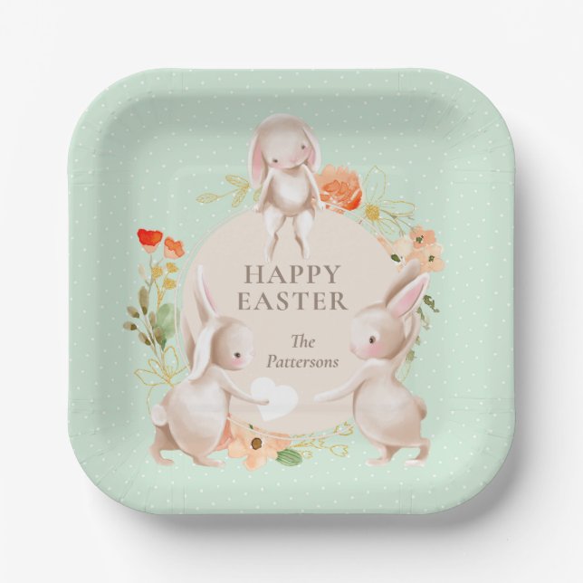 Happy Easter Bunny Rabbits Floral Personalized Paper Plates (Front)