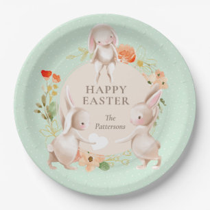 Happy Easter Bunny Rabbits Floral Personalized Paper Plates