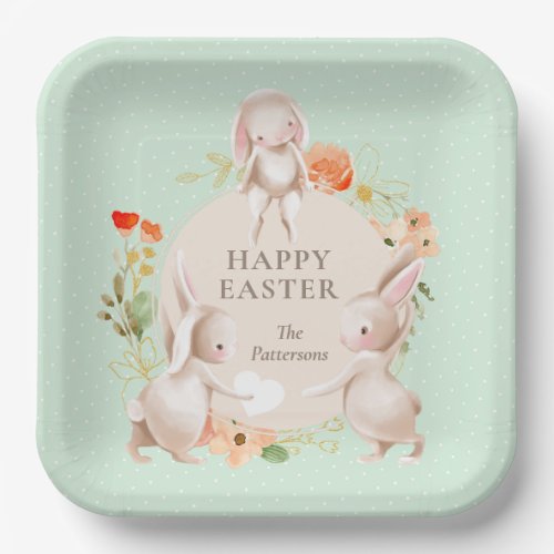 Happy Easter Bunny Rabbits Floral Personalized Paper Plates