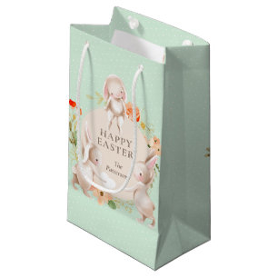 Happy Easter Bunny Rabbits Floral Personalized Small Gift Bag