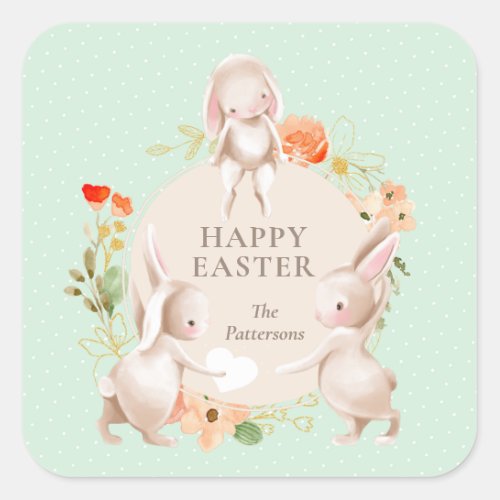 Happy Easter Bunny Rabbits Floral Personalized Square Sticker
