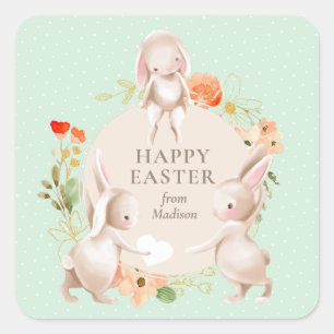 Happy Easter Bunny Rabbits Floral Personalized Square Sticker