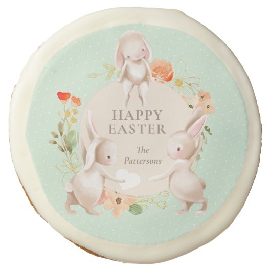 Happy Easter Bunny Rabbits Floral Personalized Sugar Cookie (Front)