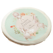 Happy Easter Bunny Rabbits Floral Personalized Sugar Cookie (Angled)