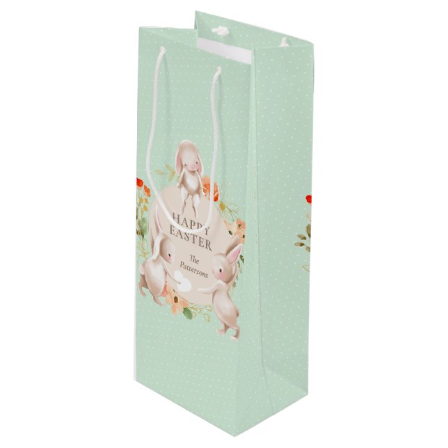 Happy Easter Bunny Rabbits Floral Personalized Wine Gift Bag (Front Angled)